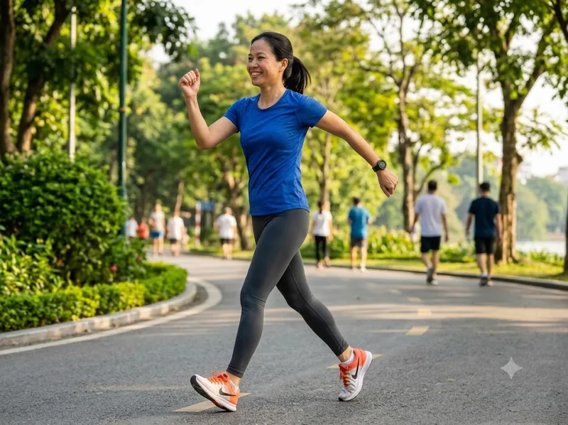 Đi bộ nhanh kết hợp đánh tay tự nhiên hỗ trợ vận động toàn thân