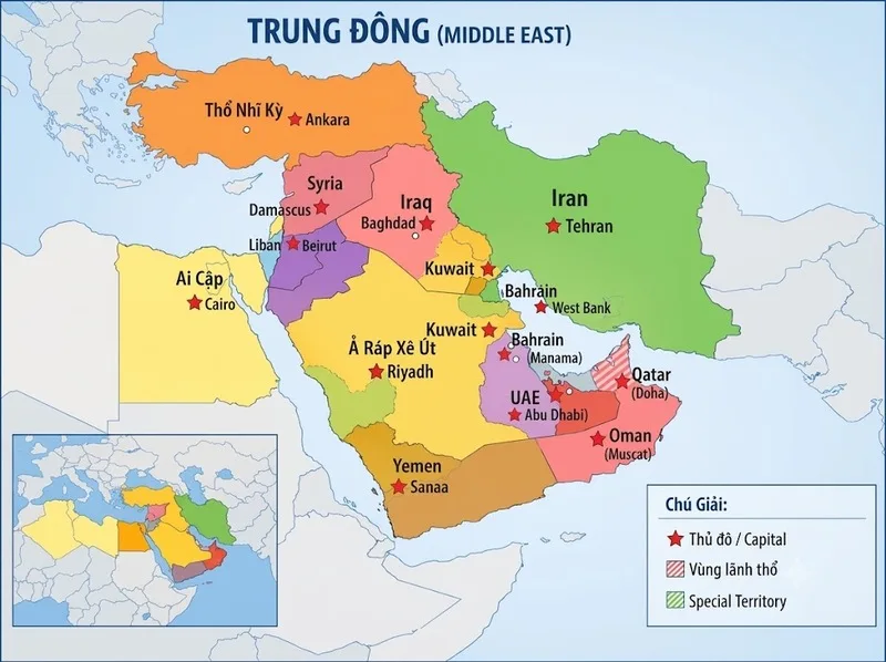 So sánh Tây Á và Trung Đông qua bản đồ phân vùng địa lý